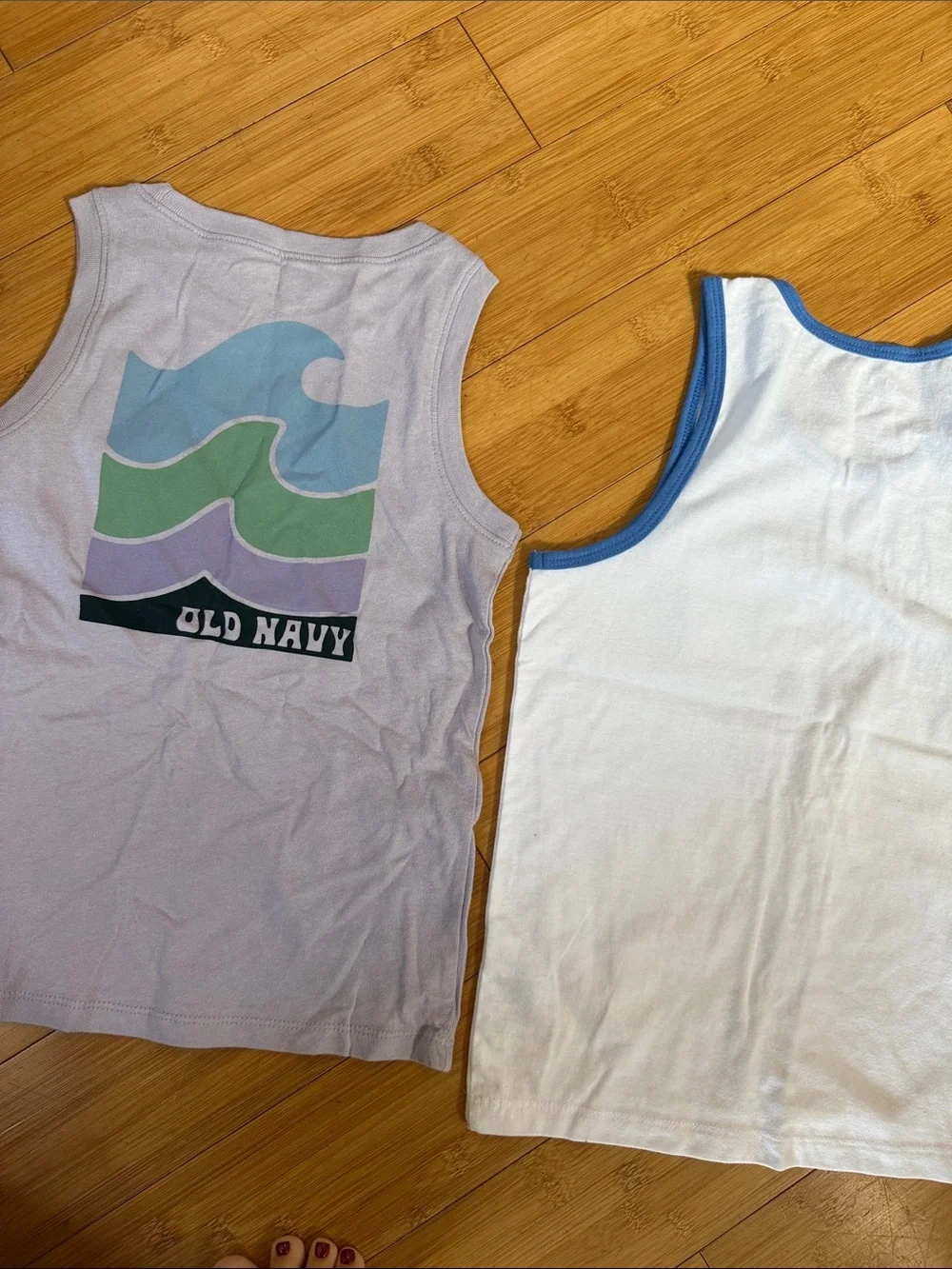 Old Navy White Tank Top with Blue Trim & Light Purple Graphic Tank 6t, 6/7